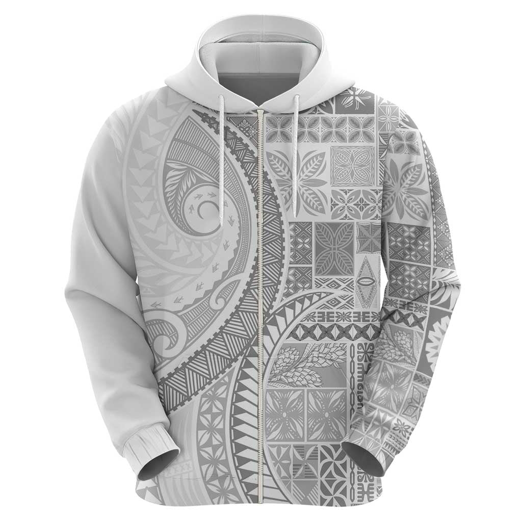 Samoa Siapo White Sunday Zip Hoodie Lotu Tamaiti Polynesian White Pattern - Polynesian Pride