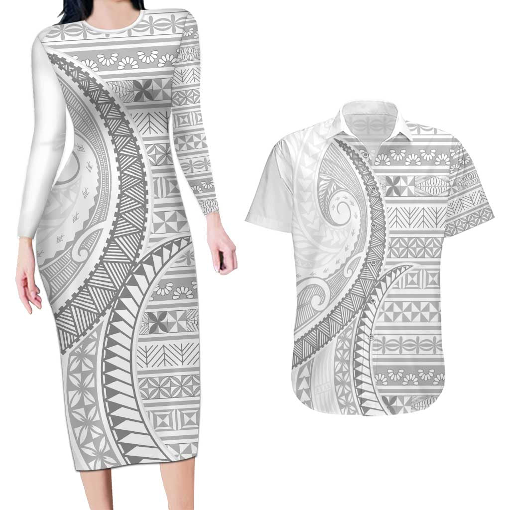 Tokelau White Sunday Couples Matching Long Sleeve Bodycon Dress and Hawaiian Shirt Lotu Tamaiti Ngatu Tokelau Feletoa Manulua - Polynesian Pride
