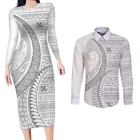 Tokelau White Sunday Couples Matching Long Sleeve Bodycon Dress and Long Sleeve Button Shirt Lotu Tamaiti Ngatu Tokelau Feletoa Manulua - Polynesian Pride
