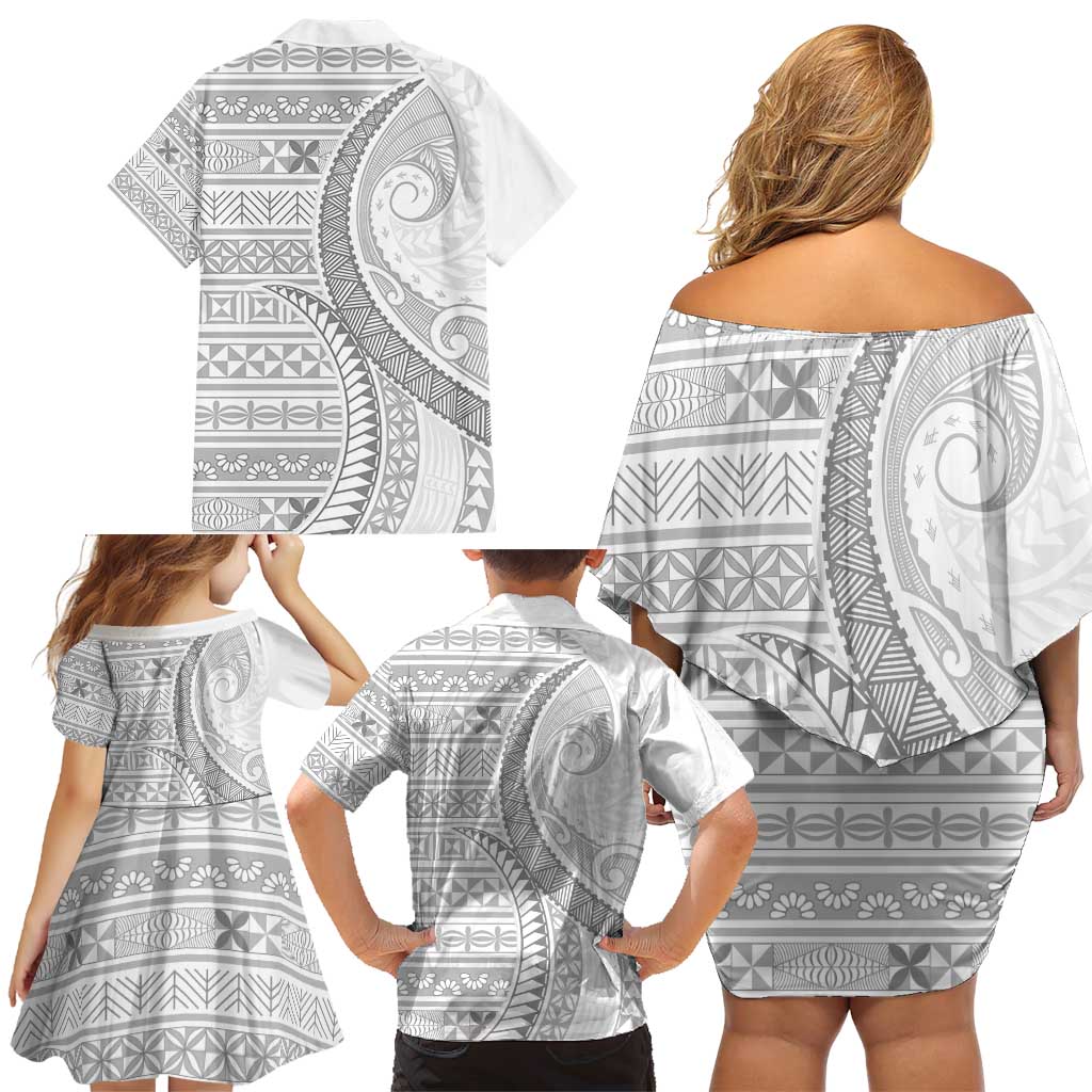 Tokelau White Sunday Family Matching Off Shoulder Short Dress and Hawaiian Shirt Lotu Tamaiti Ngatu Tokelau Feletoa Manulua - Polynesian Pride