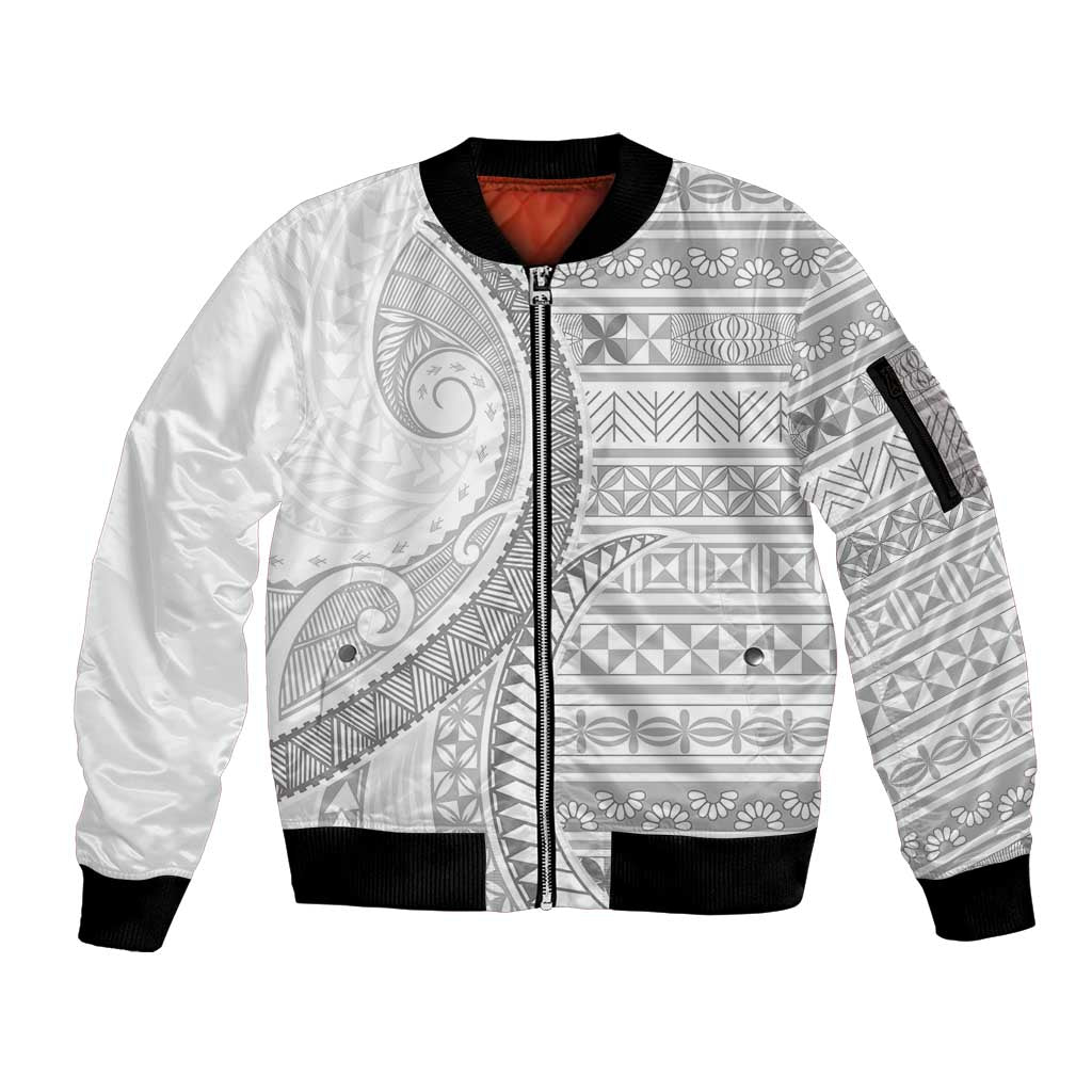 Tokelau White Sunday Sleeve Zip Bomber Jacket Lotu Tamaiti Ngatu Tokelau Feletoa Manulua - Polynesian Pride