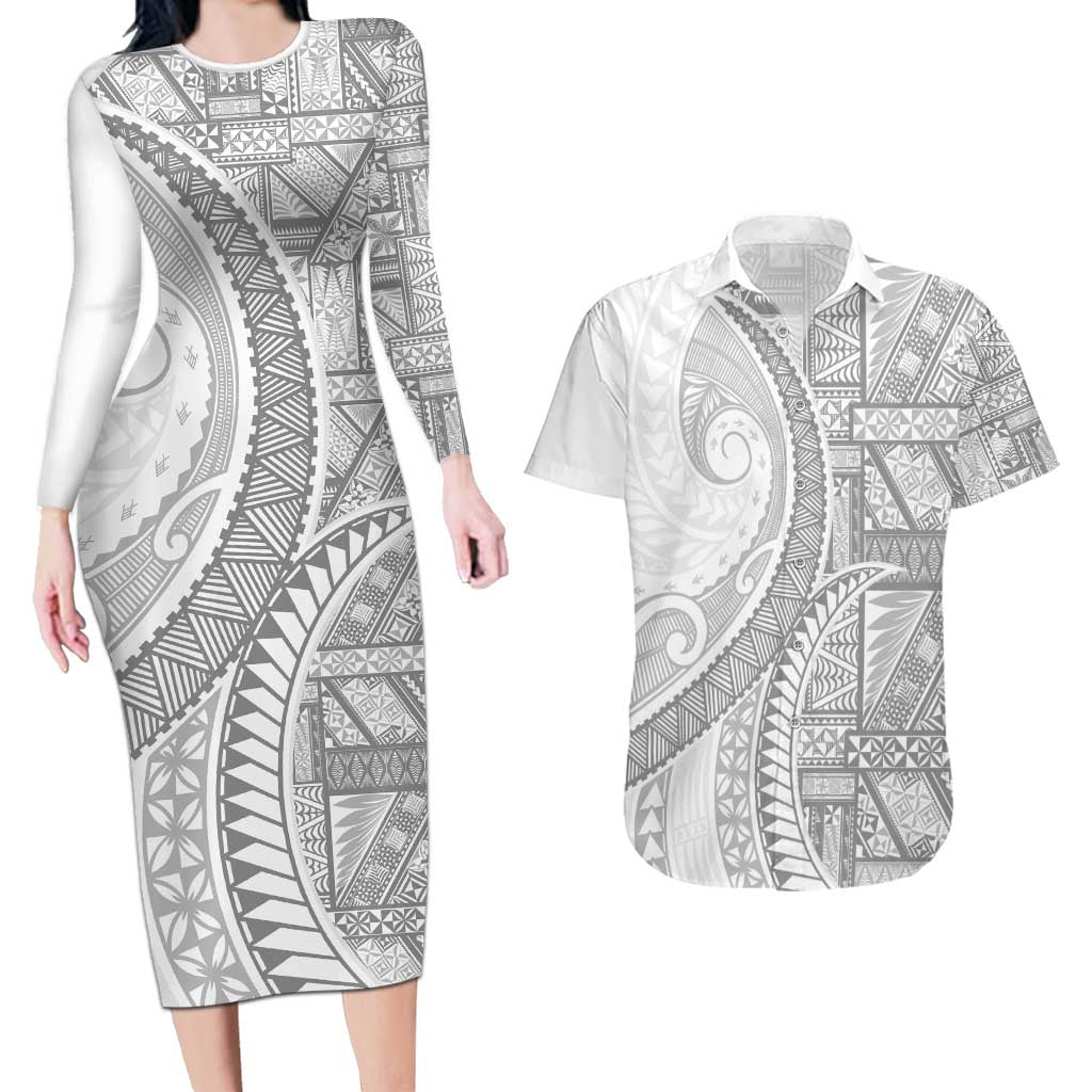 Tonga White Sunday Couples Matching Long Sleeve Bodycon Dress and Hawaiian Shirt Lotu Tamaiti Ngatu Tribal - Polynesian Pride