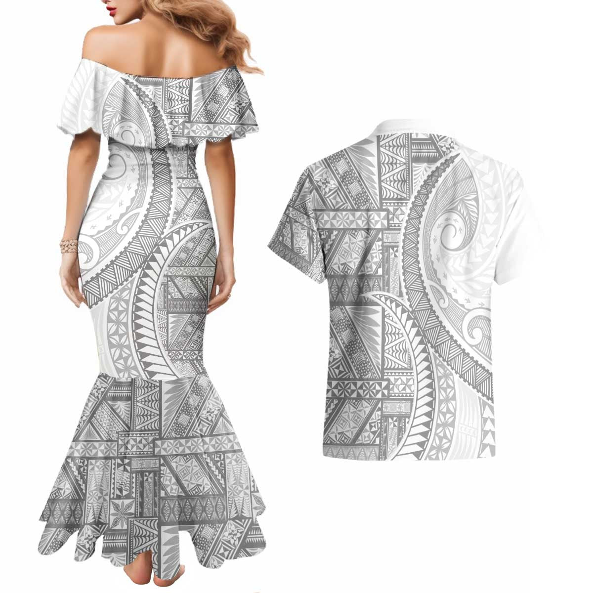 Tonga White Sunday Couples Matching Mermaid Dress and Hawaiian Shirt Lotu Tamaiti Ngatu Tribal - Polynesian Pride