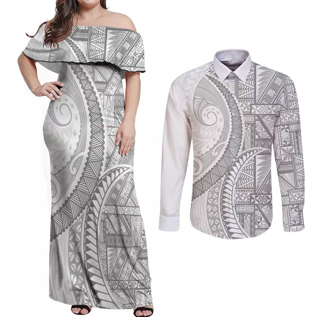 Tonga White Sunday Couples Matching Off Shoulder Maxi Dress and Long Sleeve Button Shirt Lotu Tamaiti Ngatu Tribal - Polynesian Pride