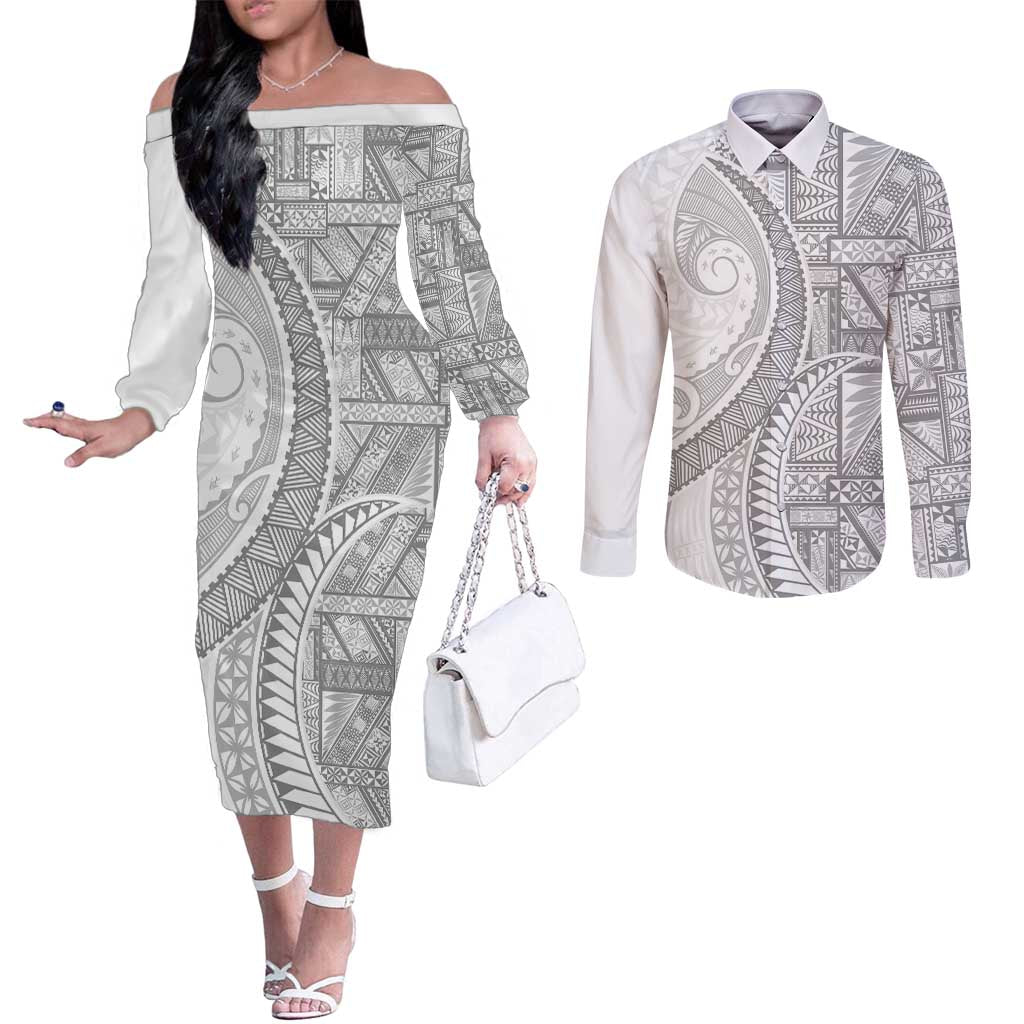 Tonga White Sunday Couples Matching Off The Shoulder Long Sleeve Dress and Long Sleeve Button Shirt Lotu Tamaiti Ngatu Tribal - Polynesian Pride