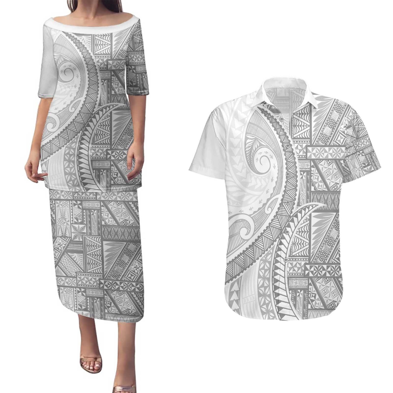 Tonga White Sunday Couples Matching Puletasi and Hawaiian Shirt Lotu Tamaiti Ngatu Tribal - Polynesian Pride