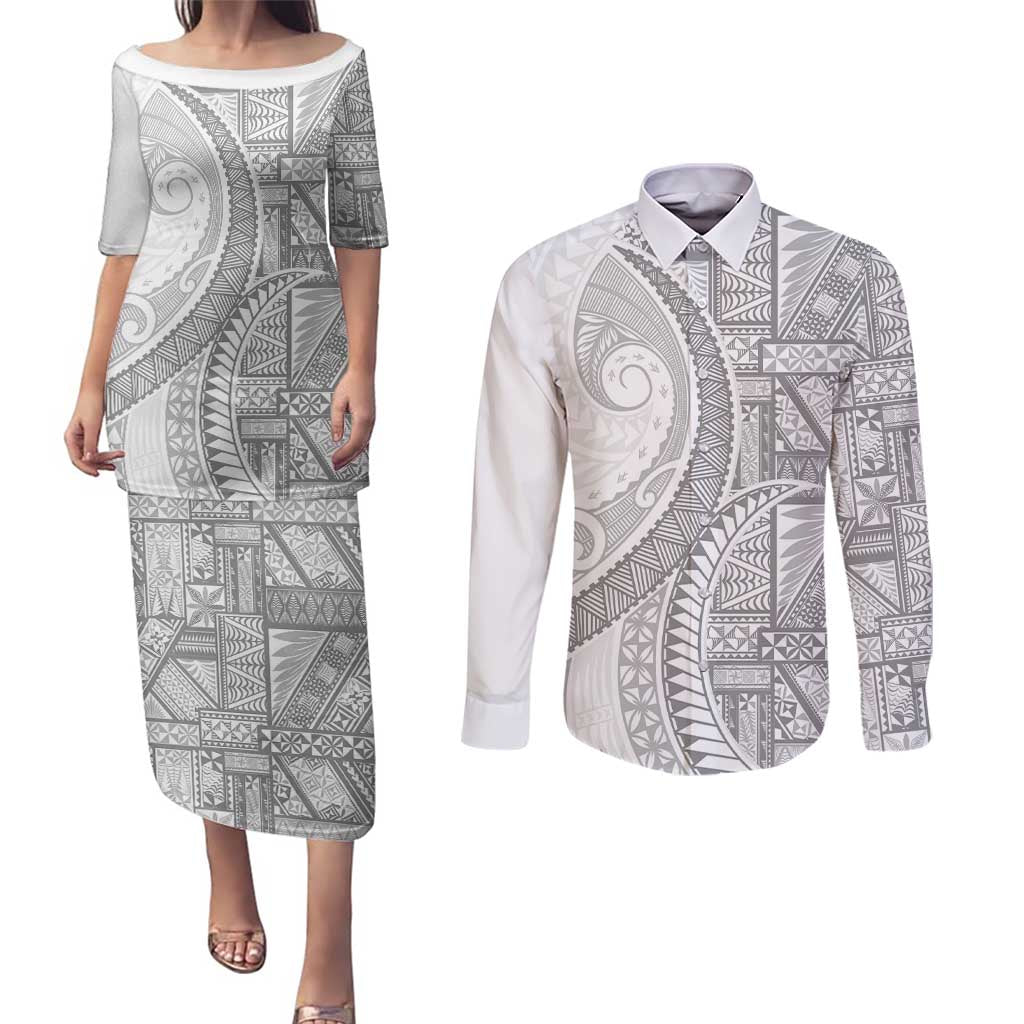 Tonga White Sunday Couples Matching Puletasi and Long Sleeve Button Shirt Lotu Tamaiti Ngatu Tribal - Polynesian Pride