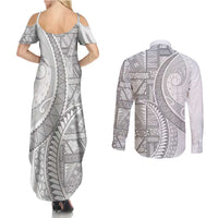 Tonga White Sunday Couples Matching Summer Maxi Dress and Long Sleeve Button Shirt Lotu Tamaiti Ngatu Tribal - Polynesian Pride