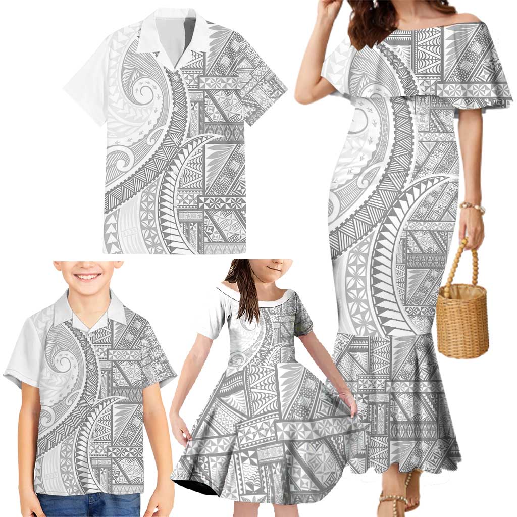 Tonga White Sunday Family Matching Mermaid Dress and Hawaiian Shirt Lotu Tamaiti Ngatu Tribal - Polynesian Pride