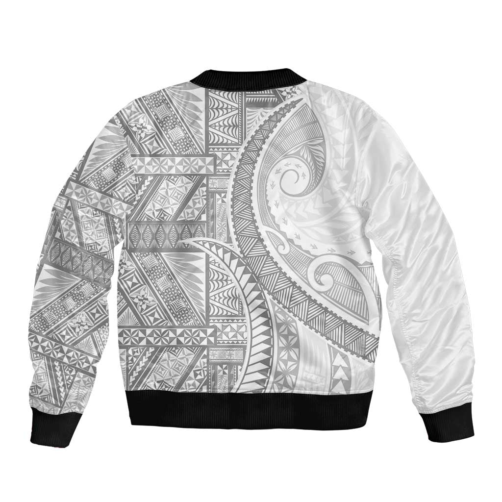 Tonga White Sunday Sleeve Zip Bomber Jacket Lotu Tamaiti Ngatu Tribal - Polynesian Pride