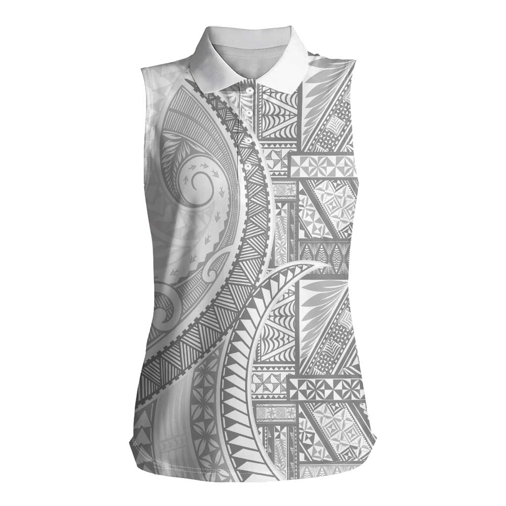Tonga White Sunday Women Sleeveless Polo Shirt Lotu Tamaiti Ngatu Tribal - Polynesian Pride
