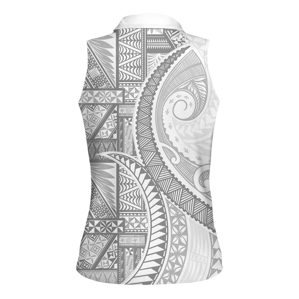 Tonga White Sunday Women Sleeveless Polo Shirt Lotu Tamaiti Ngatu Tribal - Polynesian Pride