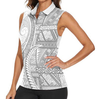 Tonga White Sunday Women Sleeveless Polo Shirt Lotu Tamaiti Ngatu Tribal - Polynesian Pride