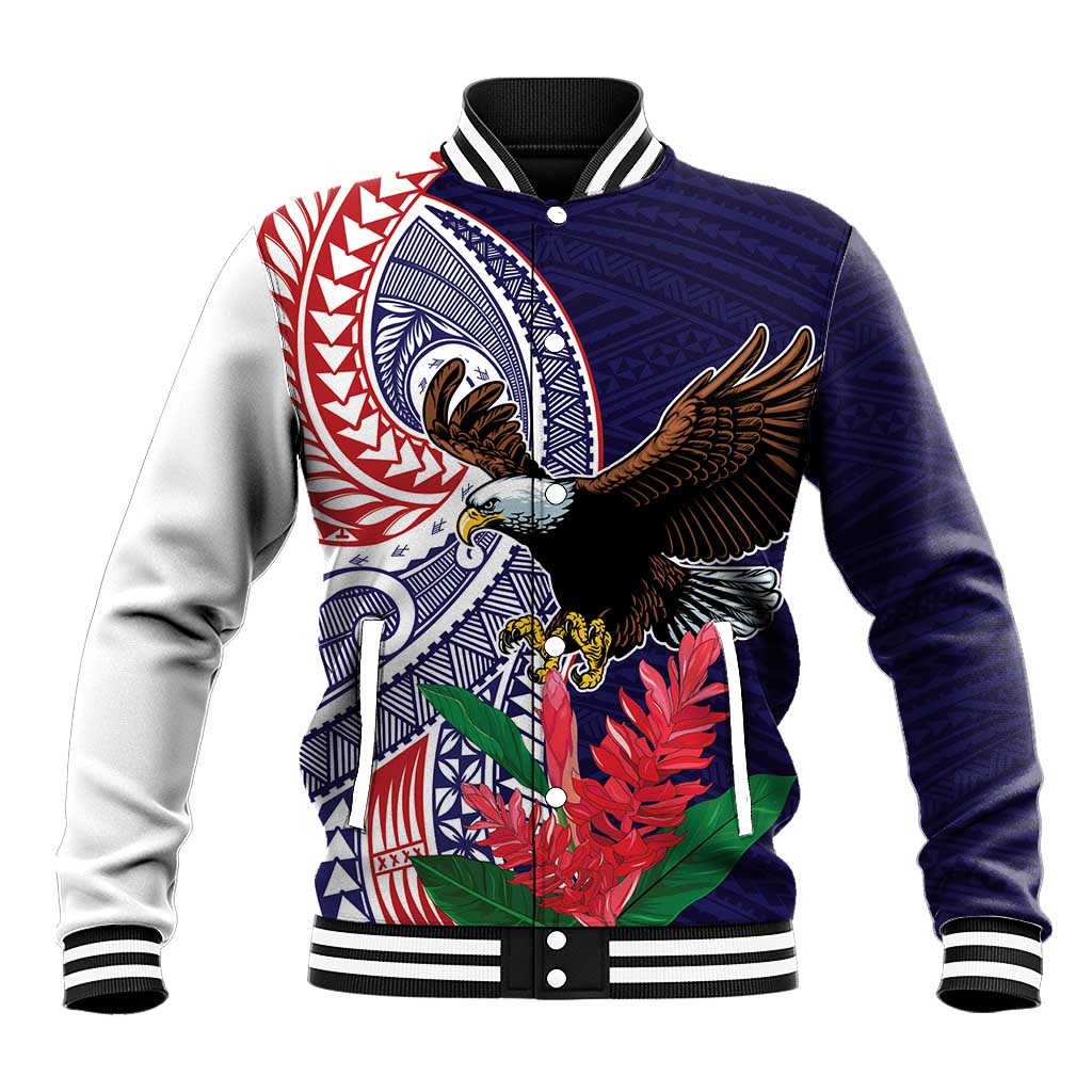American Samoa Bald Eagle Personalized Baseball Jacket Polynesian Teuila Flowers - Polynesian Pride