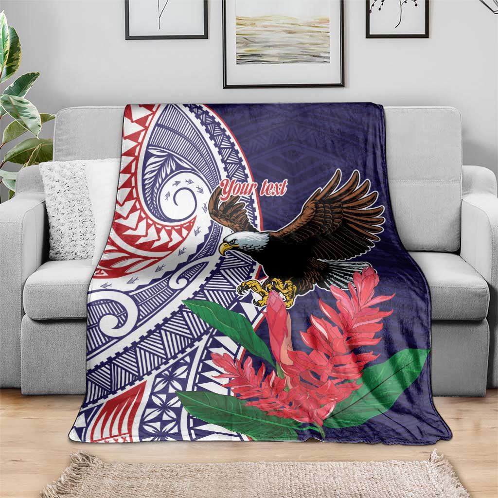 American Samoa Bald Eagle Personalized Blanket Polynesian Teuila Flowers - Polynesian Pride