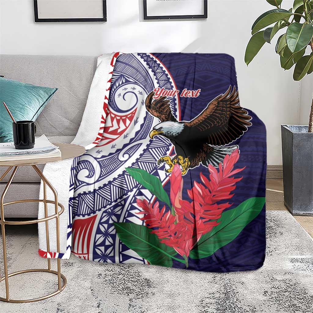 American Samoa Bald Eagle Personalized Blanket Polynesian Teuila Flowers - Polynesian Pride