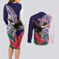 American Samoa Bald Eagle Personalized Couples Matching Long Sleeve Bodycon Dress and Long Sleeve Button Shirt Polynesian Teuila Flowers - Polynesian Pride