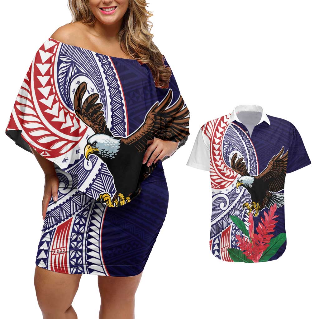 American Samoa Bald Eagle Personalized Couples Matching Off Shoulder Short Dress and Hawaiian Shirt Polynesian Teuila Flowers - Polynesian Pride