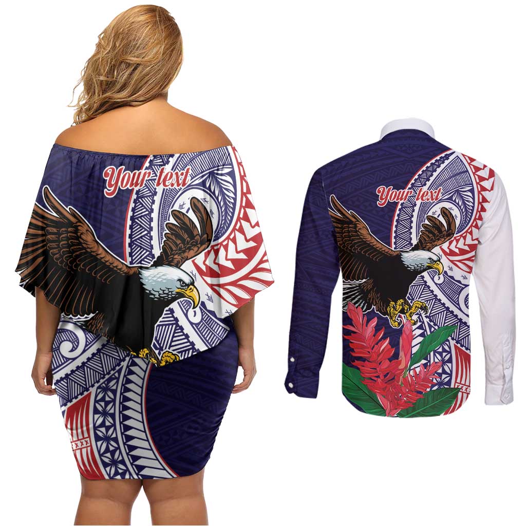 American Samoa Bald Eagle Personalized Couples Matching Off Shoulder Short Dress and Long Sleeve Button Shirt Polynesian Teuila Flowers - Polynesian Pride