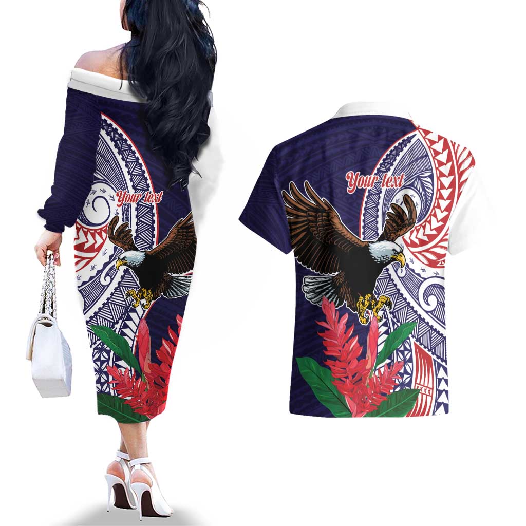 American Samoa Bald Eagle Personalized Couples Matching Off The Shoulder Long Sleeve Dress and Hawaiian Shirt Polynesian Teuila Flowers - Polynesian Pride
