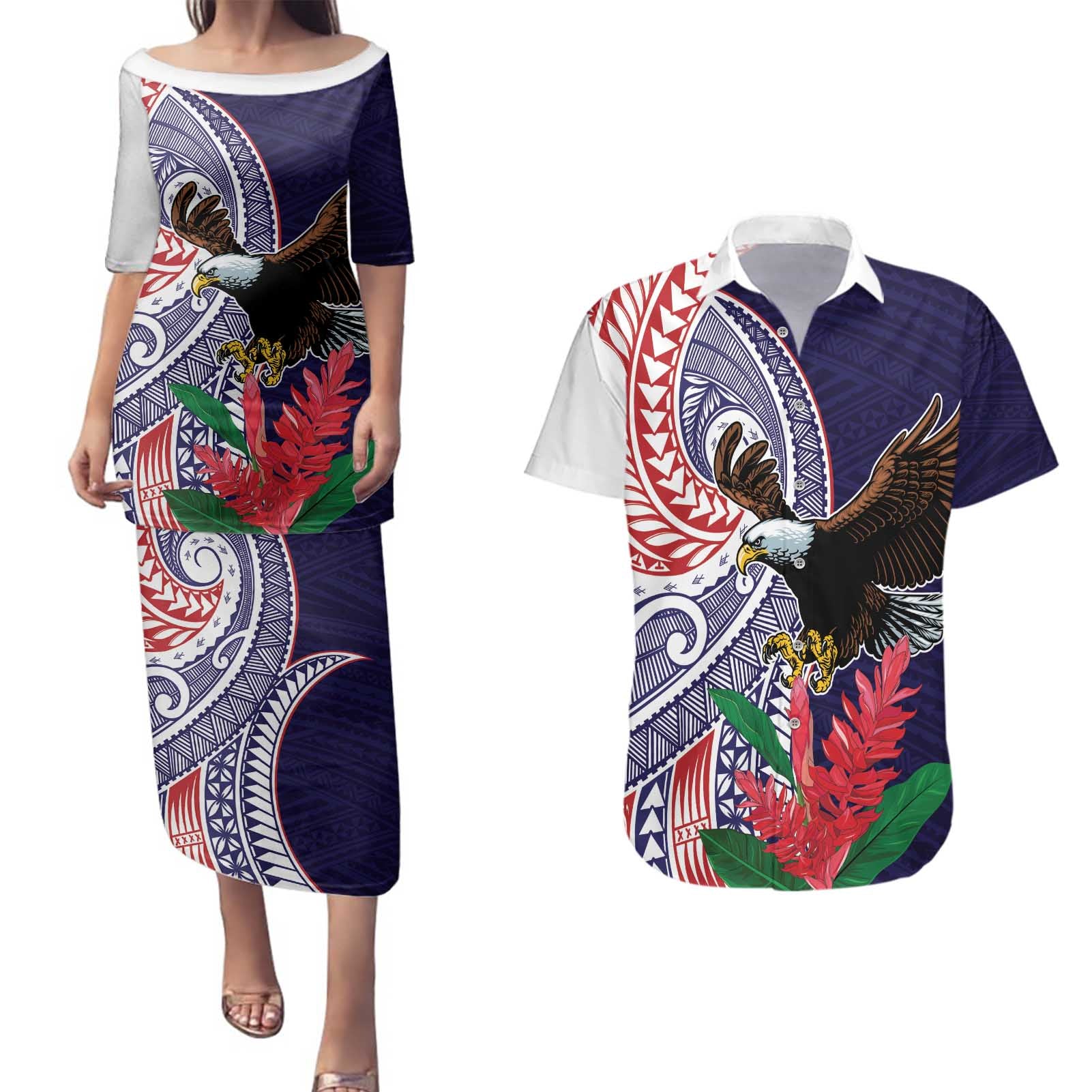 American Samoa Bald Eagle Personalized Couples Matching Puletasi and Hawaiian Shirt Polynesian Teuila Flowers - Polynesian Pride