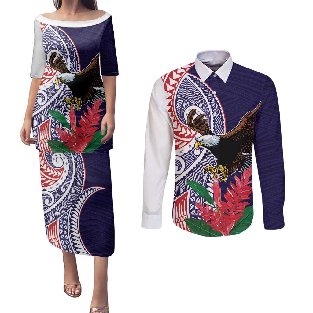 American Samoa Bald Eagle Personalized Couples Matching Puletasi and Long Sleeve Button Shirt Polynesian Teuila Flowers - Polynesian Pride