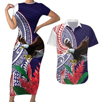 American Samoa Bald Eagle Personalized Couples Matching Short Sleeve Bodycon Dress and Hawaiian Shirt Polynesian Teuila Flowers - Polynesian Pride