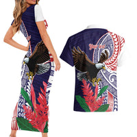 American Samoa Bald Eagle Personalized Couples Matching Short Sleeve Bodycon Dress and Hawaiian Shirt Polynesian Teuila Flowers - Polynesian Pride