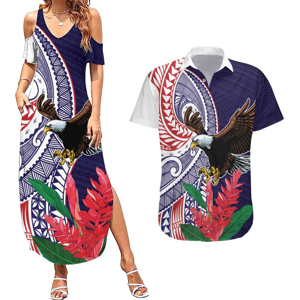 American Samoa Bald Eagle Personalized Couples Matching Summer Maxi Dress and Hawaiian Shirt Polynesian Teuila Flowers - Polynesian Pride