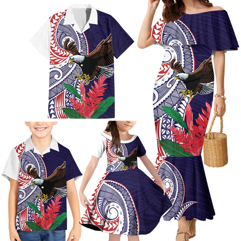 American Samoa Bald Eagle Personalized Family Matching Mermaid Dress and Hawaiian Shirt Polynesian Teuila Flowers - Polynesian Pride