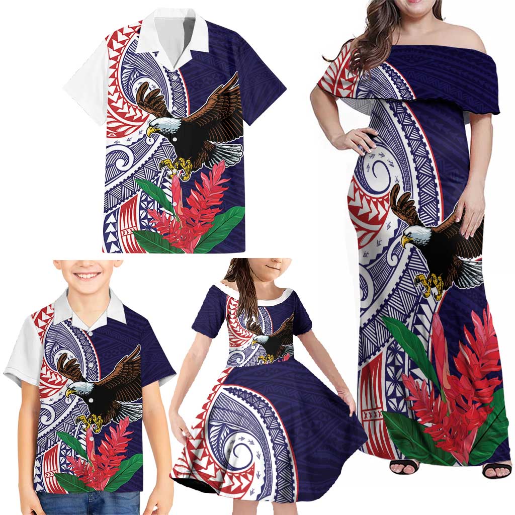 American Samoa Bald Eagle Personalized Family Matching Off Shoulder Maxi Dress and Hawaiian Shirt Polynesian Teuila Flowers - Polynesian Pride