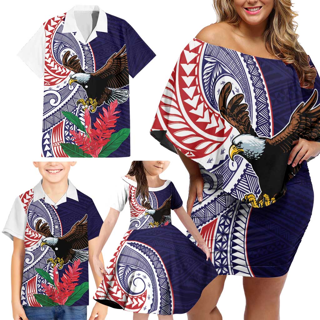American Samoa Bald Eagle Personalized Family Matching Off Shoulder Short Dress and Hawaiian Shirt Polynesian Teuila Flowers - Polynesian Pride