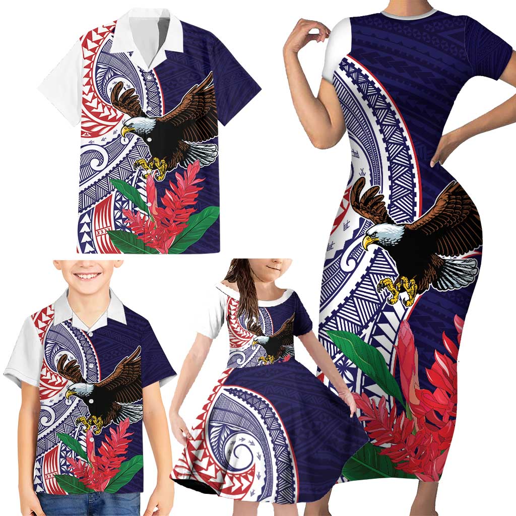 American Samoa Bald Eagle Personalized Family Matching Short Sleeve Bodycon Dress and Hawaiian Shirt Polynesian Teuila Flowers - Polynesian Pride