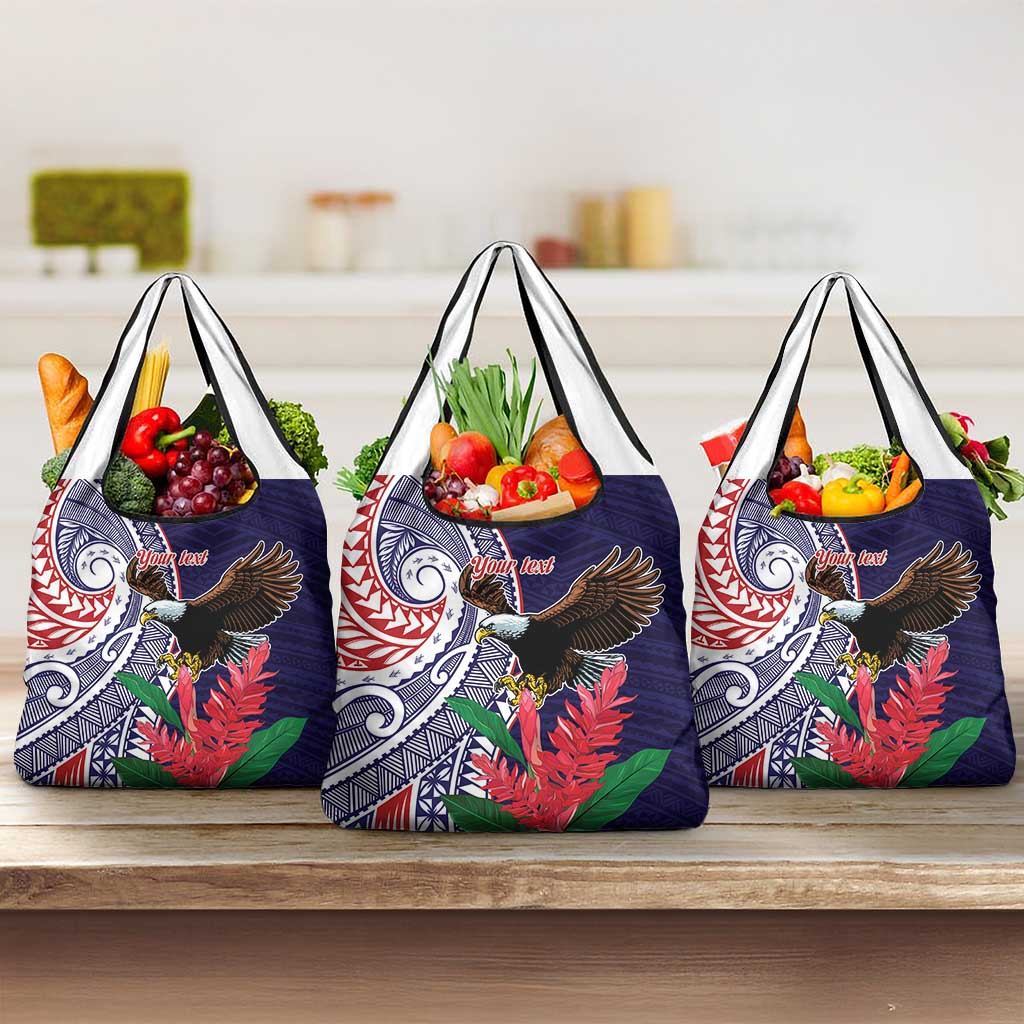 American Samoa Bald Eagle Personalized Grocery Bag Polynesian Teuila Flowers LT9 3-pack One Size Blue - Polynesian Pride