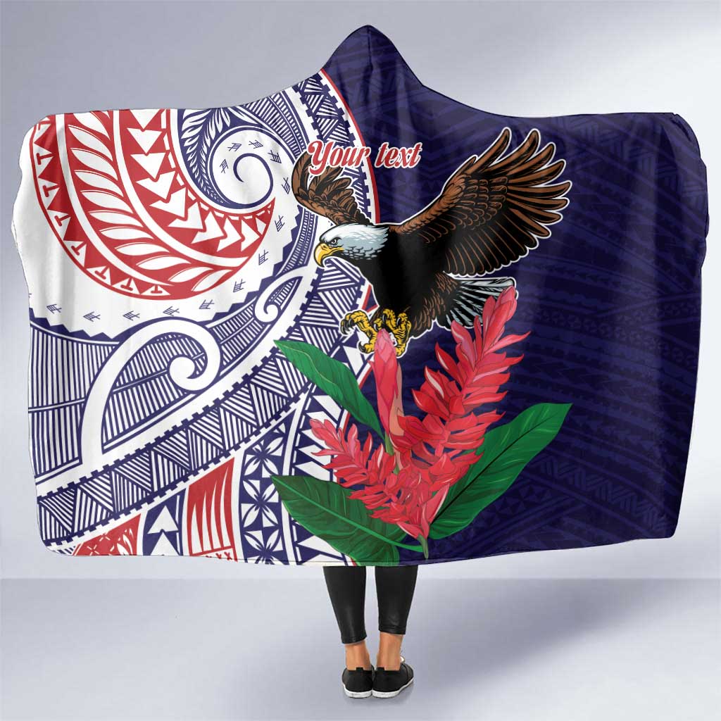 American Samoa Bald Eagle Personalized Hooded Blanket Polynesian Teuila Flowers - Polynesian Pride