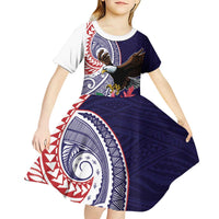 American Samoa Bald Eagle Personalized Kid Short Sleeve Dress Polynesian Teuila Flowers - Polynesian Pride