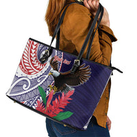 American Samoa Bald Eagle Personalized Leather Tote Bag Polynesian Teuila Flowers - Polynesian Pride