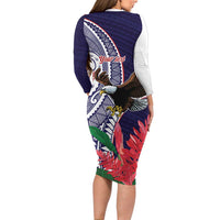 American Samoa Bald Eagle Personalized Long Sleeve Bodycon Dress Polynesian Teuila Flowers - Polynesian Pride