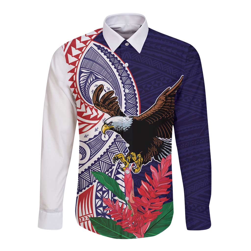 American Samoa Bald Eagle Personalized Long Sleeve Button Shirt Polynesian Teuila Flowers - Polynesian Pride