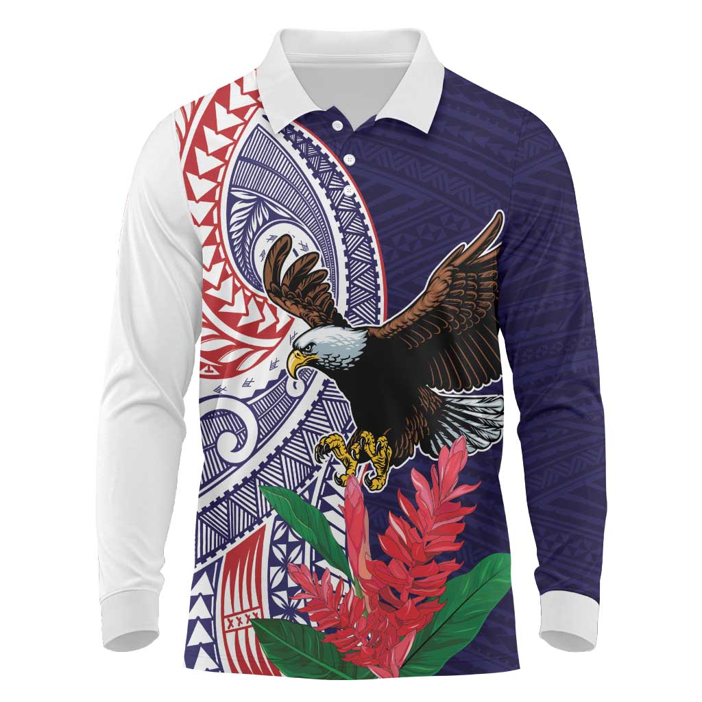 American Samoa Bald Eagle Personalized Long Sleeve Polo Shirt Polynesian Teuila Flowers - Polynesian Pride