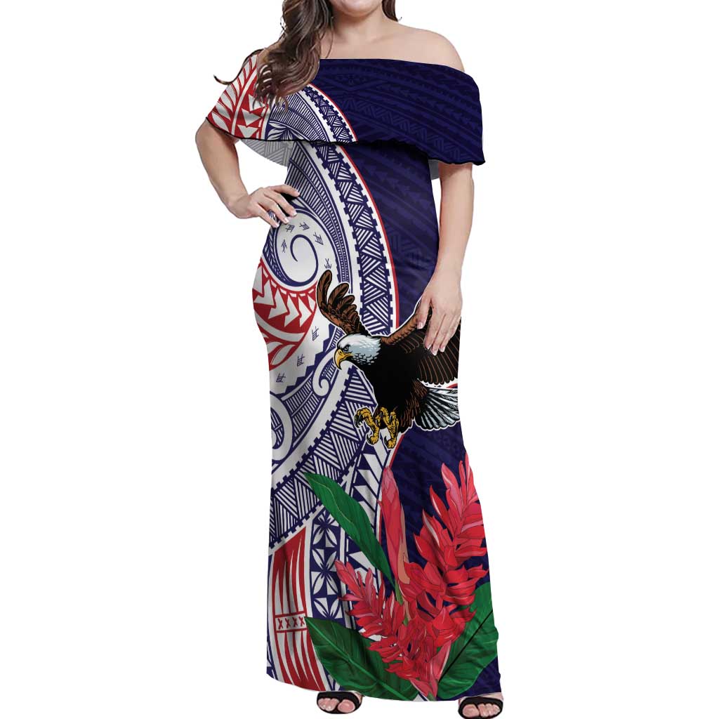 American Samoa Bald Eagle Personalized Off Shoulder Maxi Dress Polynesian Teuila Flowers - Polynesian Pride