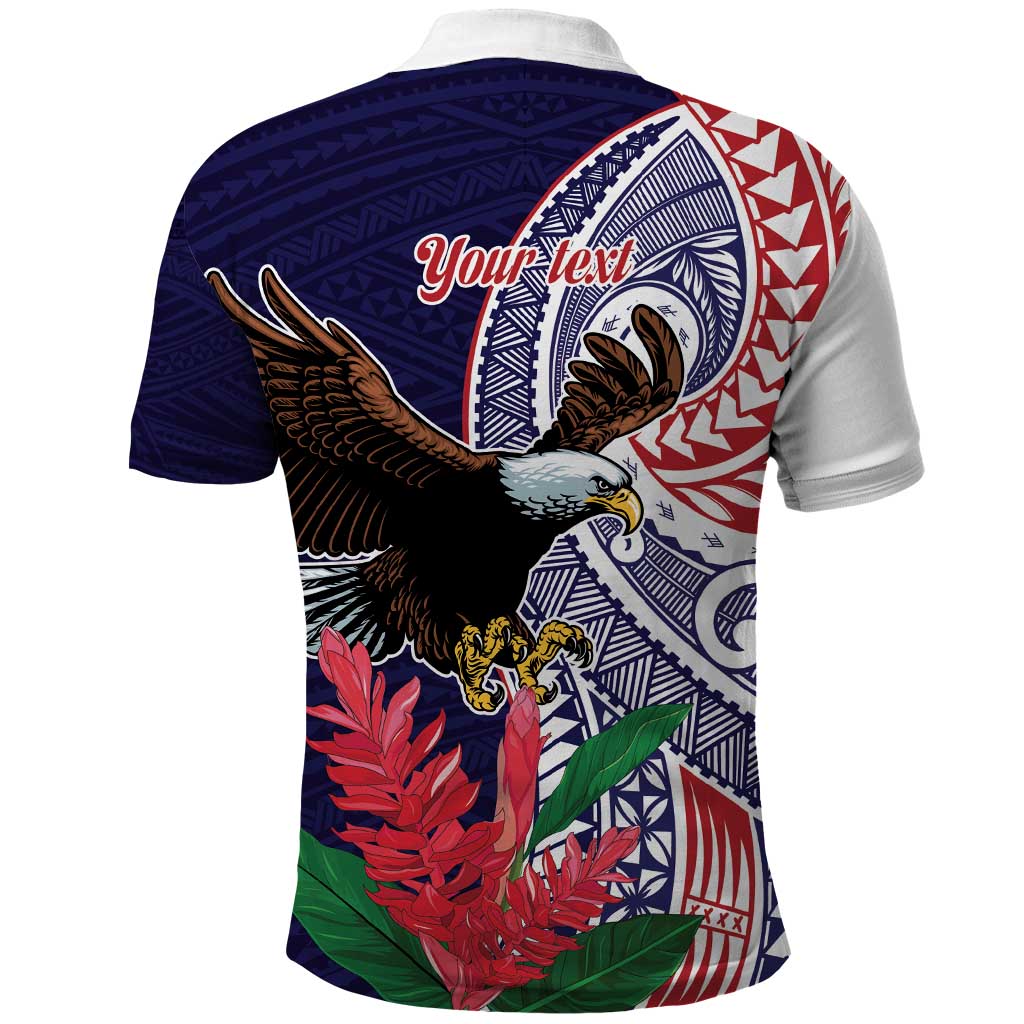 American Samoa Bald Eagle Personalized Polo Shirt Polynesian Teuila Flowers - Polynesian Pride