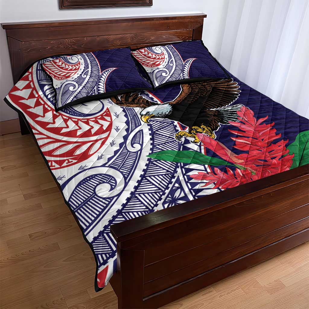 American Samoa Bald Eagle Personalized Quilt Bed Set Polynesian Teuila Flowers - Polynesian Pride