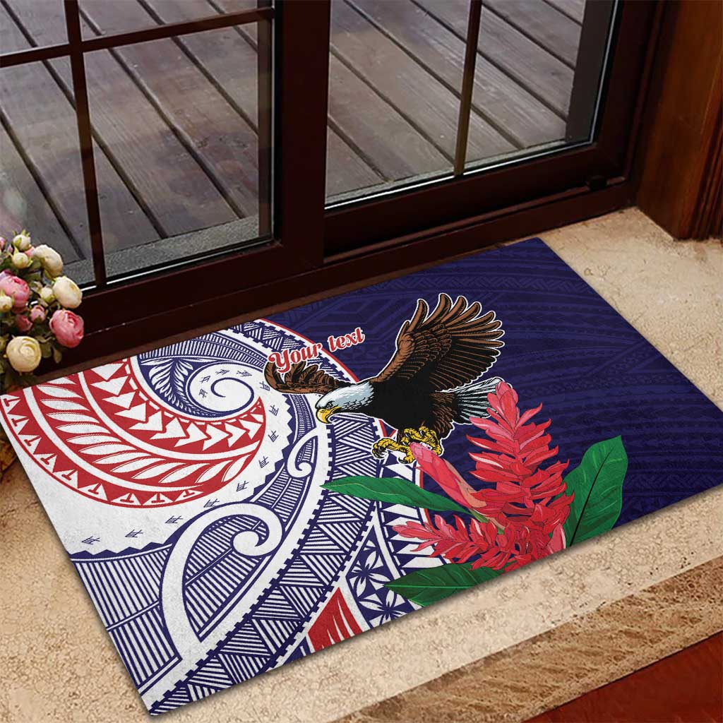American Samoa Bald Eagle Personalized Rubber Doormat Polynesian Teuila Flowers - Polynesian Pride