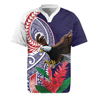American Samoa Bald Eagle Personalized Rugby Jersey Polynesian Teuila Flowers LT9 Blue - Polynesian Pride