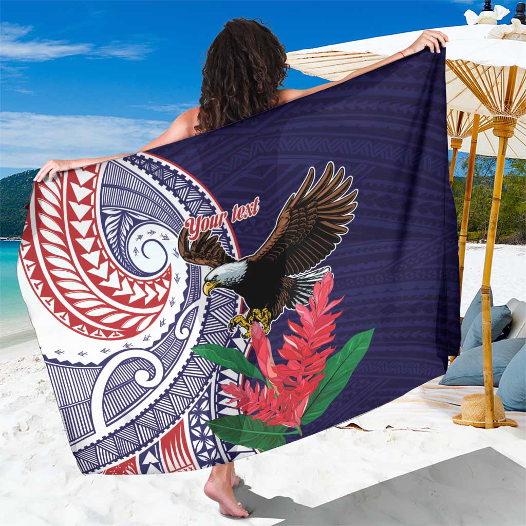 American Samoa Bald Eagle Personalized Sarong Polynesian Teuila Flowers LT9 One Size 44 x 66 inches Blue - Polynesian Pride