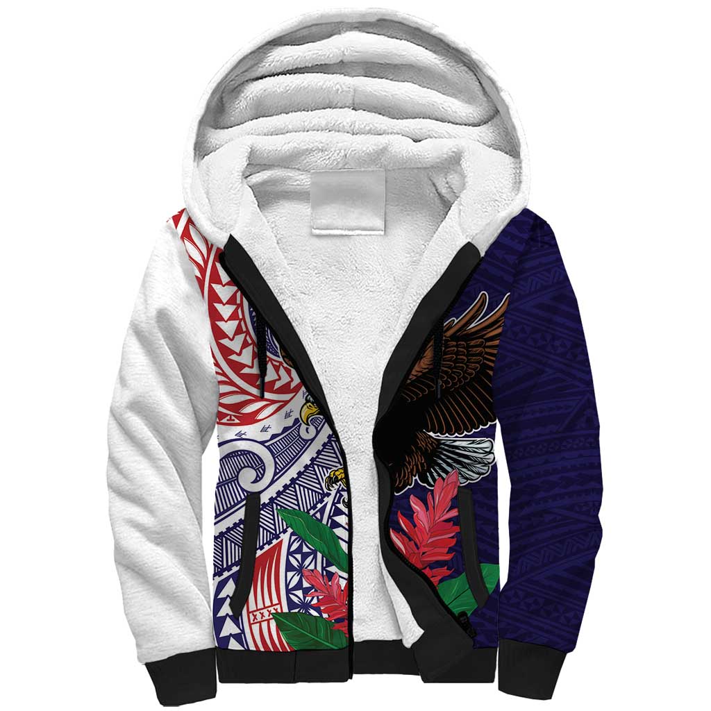 American Samoa Bald Eagle Personalized Sherpa Hoodie Polynesian Teuila Flowers - Polynesian Pride
