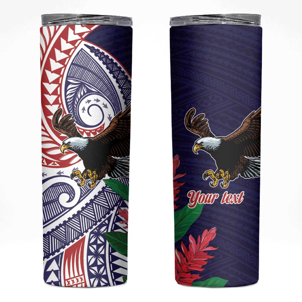 American Samoa Bald Eagle Personalized Skinny Tumbler Polynesian Teuila Flowers LT9 Blue - Polynesian Pride