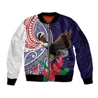 American Samoa Bald Eagle Personalized Sleeve Zip Bomber Jacket Polynesian Teuila Flowers - Polynesian Pride