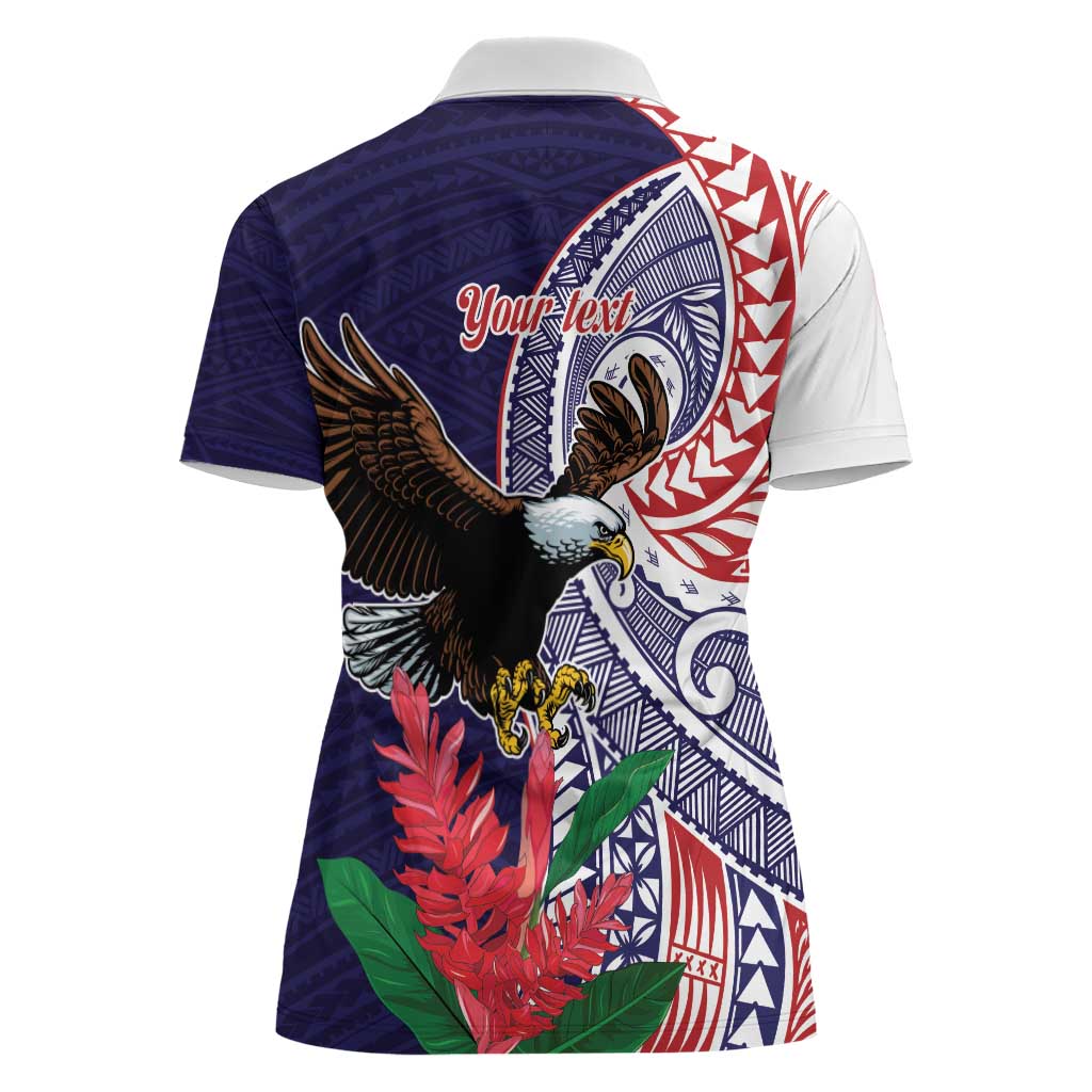 American Samoa Bald Eagle Personalized Women Polo Shirt Polynesian Teuila Flowers - Polynesian Pride